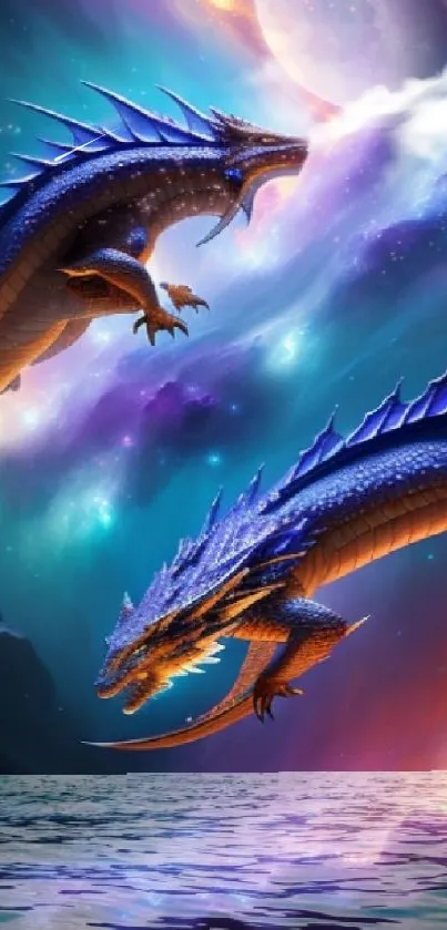 Two blue dragons soar in a vibrant fantasy night sky.