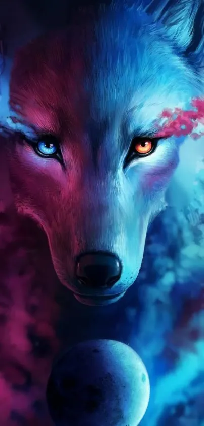 Dual-eyed wolf with vibrant colors and cosmic background.