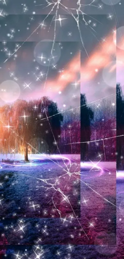 Fantasy landscape wallpaper with mystical tree and glowing stars.