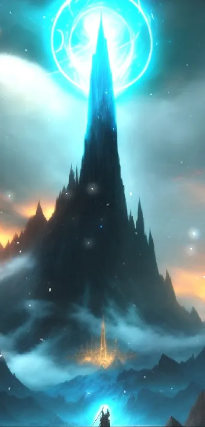 Magical fantasy scene with mountain and glowing ring.