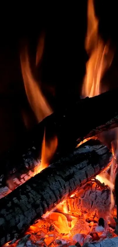 Burning logs with vibrant orange flames and glowing embers.