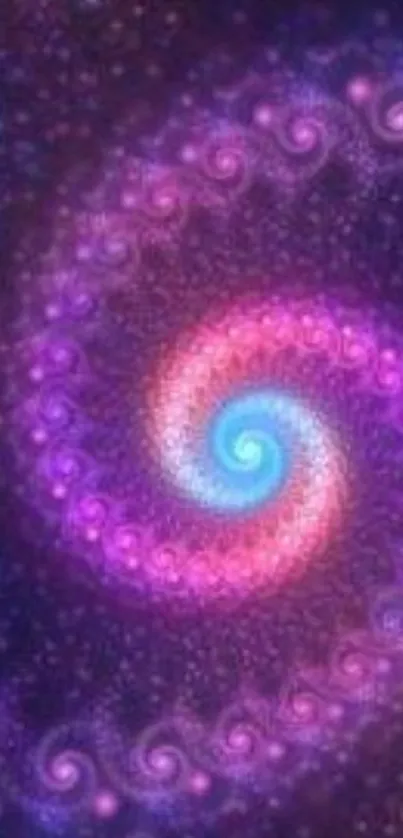 Vibrant spiral fractal wallpaper with pink, purple, and blue hues.