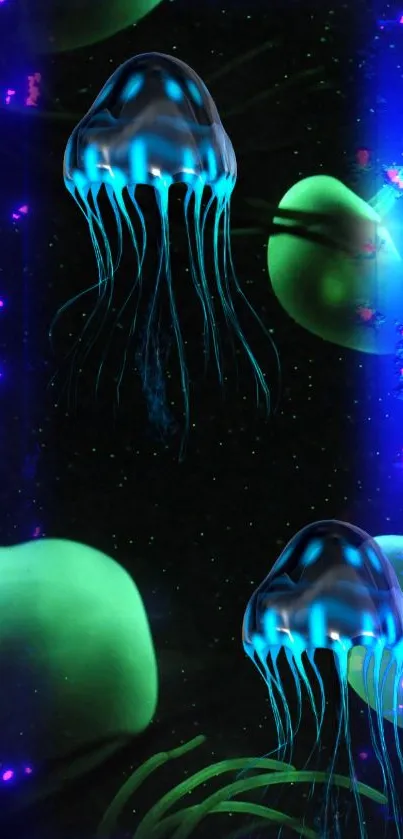 Glowing jellyfish floating in a dark, starry aquatic background.