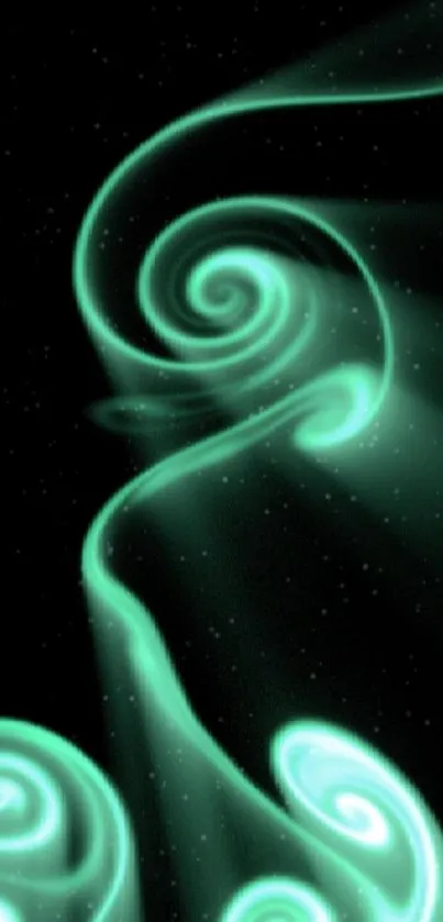 Luminescent green swirls on a starry black background.