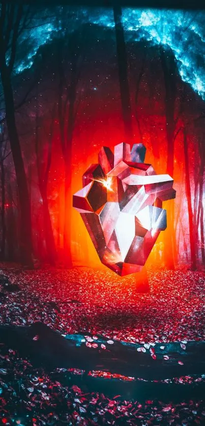 Glowing geometric heart in a vivid, mystical forest setting mobile wallpaper.