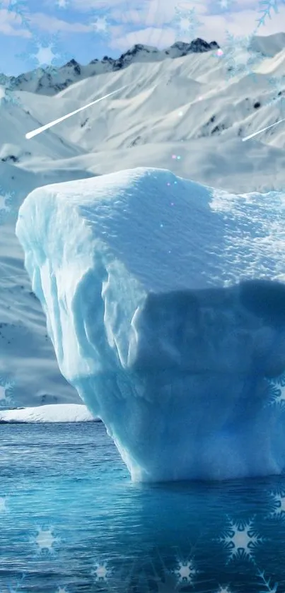 Stunning iceberg against a snowy mountain backdrop with a blue icy foreground.