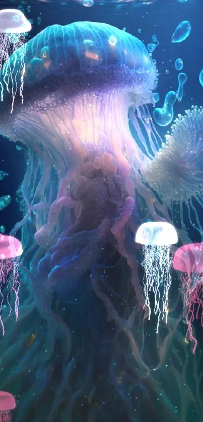 Ethereal glowing jellyfish with vibrant colors in deep ocean background.