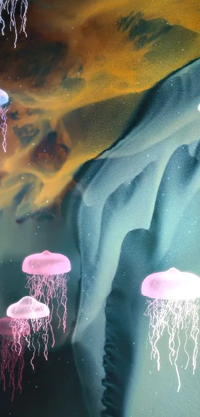 Colorful jellyfish float in a mesmerizing abstract ocean scene.