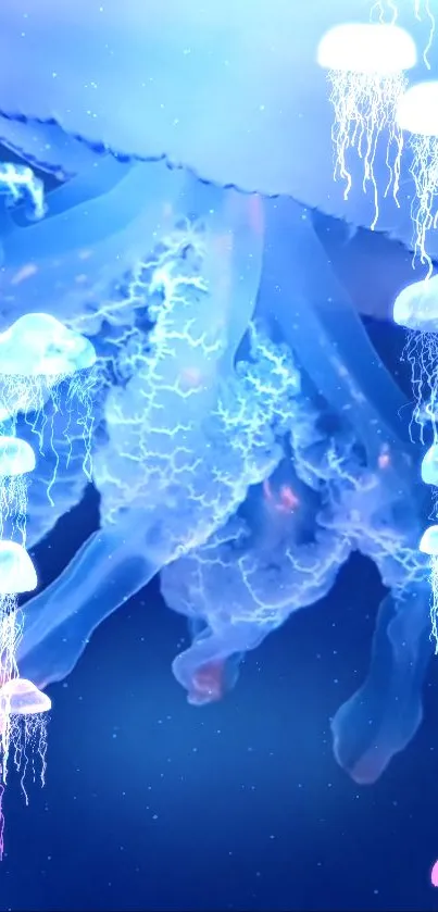 Vibrant jellyfish with glowing tentacles in deep blue ocean.