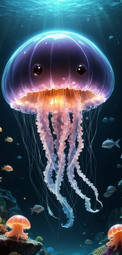 Vibrant jellyfish glowing underwater in cosmic fantasy art.