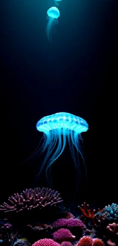 Glowing jellyfish above colorful coral in dark ocean scene.