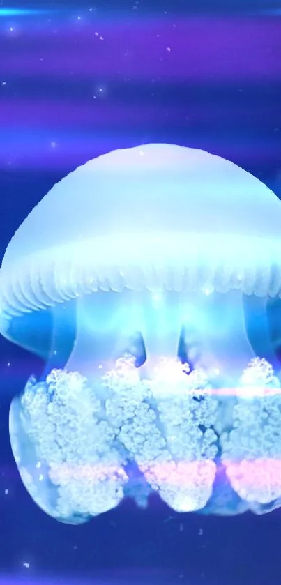 Luminescent jellyfish glows against a cosmic blue and purple background.