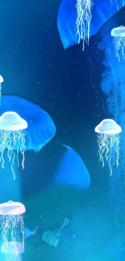 Ethereal jellyfish swim in a tranquil blue underwater scene.