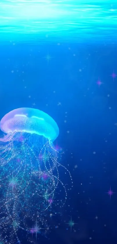 Ethereal glowing jellyfish in dark blue ocean.