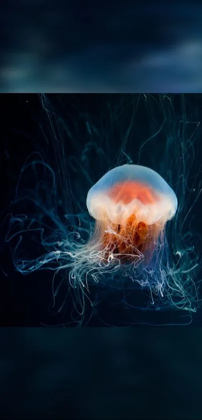 A luminous jellyfish glows in the dark ocean.