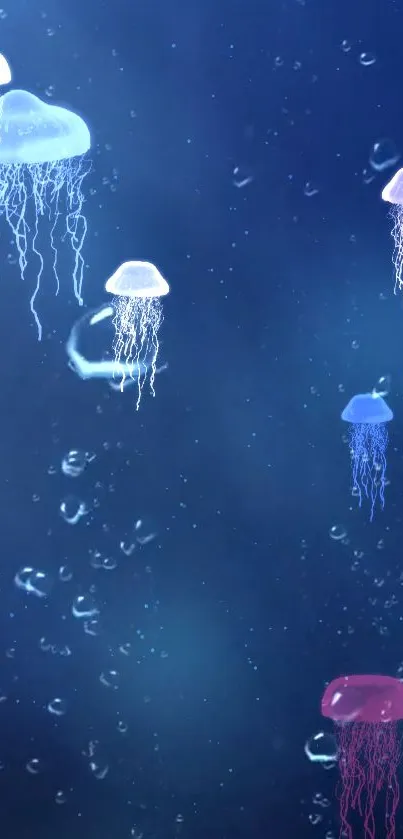 Luminescent jellyfish floating in a deep blue ocean wallpaper.