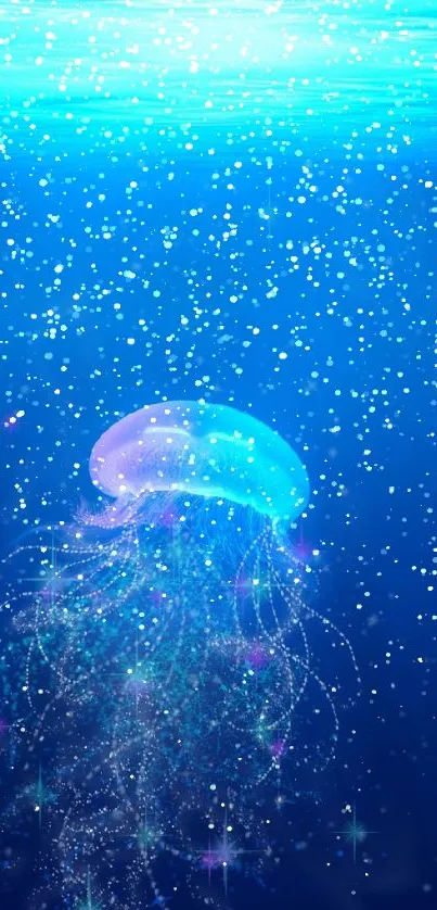 Captivating jellyfish glowing in a mystical blue ocean background.