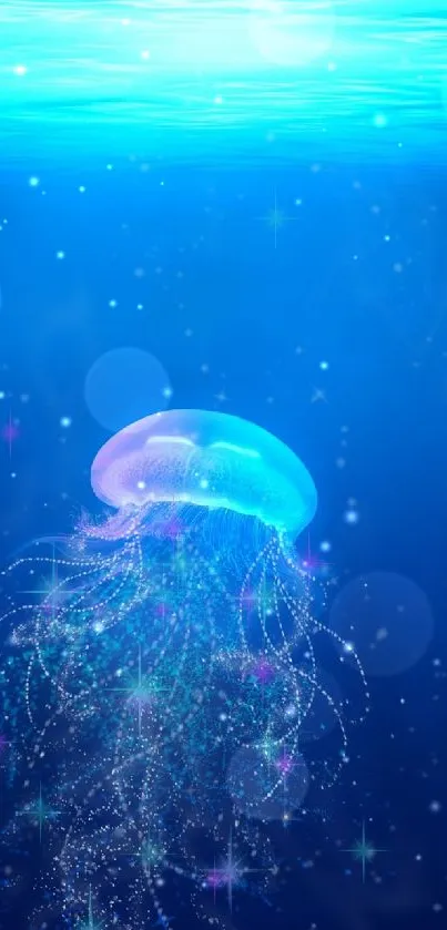 Glowing jellyfish in deep blue ocean wallpaper with serene, magical atmosphere.