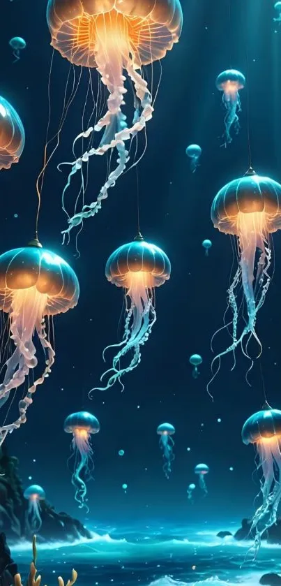 Luminous jellyfish float in a serene night ocean.