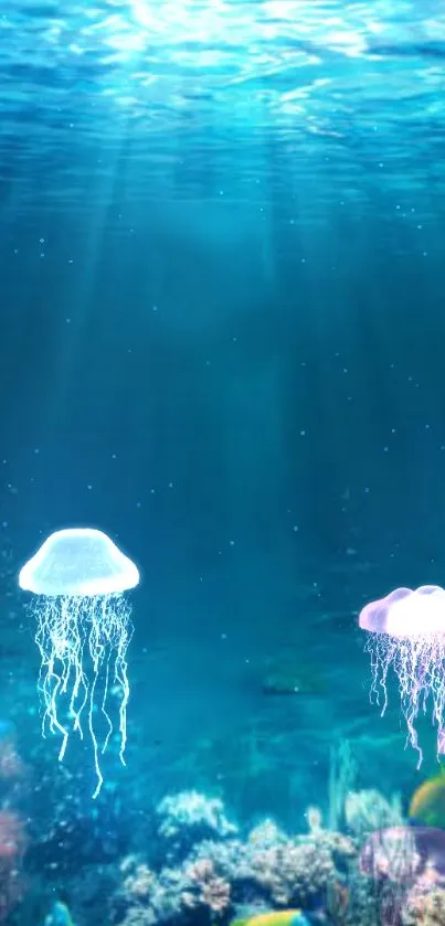 Glowing jellyfish in a vibrant blue ocean setting with colorful coral.