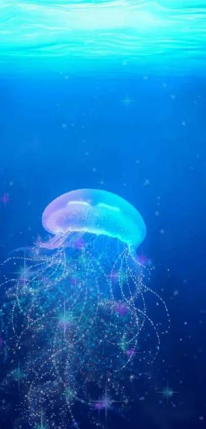 Luminous jellyfish floating in serene deep blue ocean, surrounded by stars.