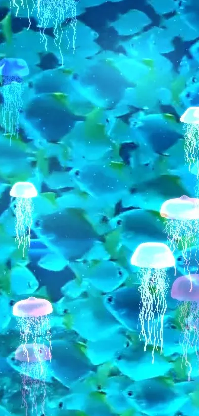 Glowing jellyfish with vibrant fish underwater in an aqua ocean scene.