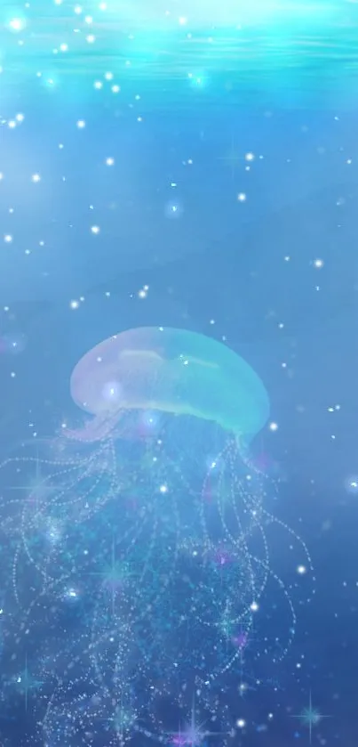 Ethereal blue jellyfish with sparkling bubbles in an underwater scene.