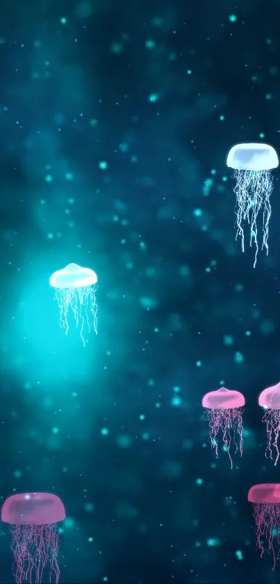 Vibrant jellyfish floating in a teal underwater background.