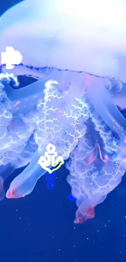 A mesmerizing jellyfish with flowing tentacles on a deep blue background.