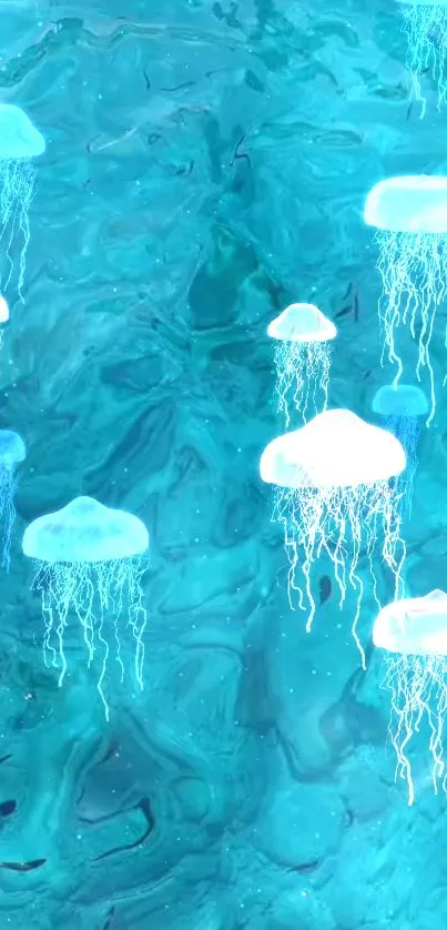 Mesmerizing wallpaper with glowing jellyfish in an aqua oceanic background.