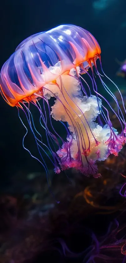 Colorful jellyfish floating in the deep blue ocean with vibrant purple tones.