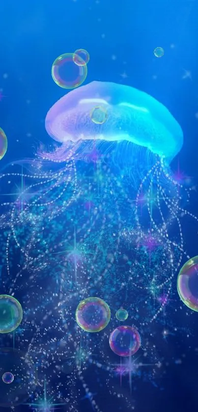 Beautiful glowing jellyfish in a deep blue ocean wallpaper.