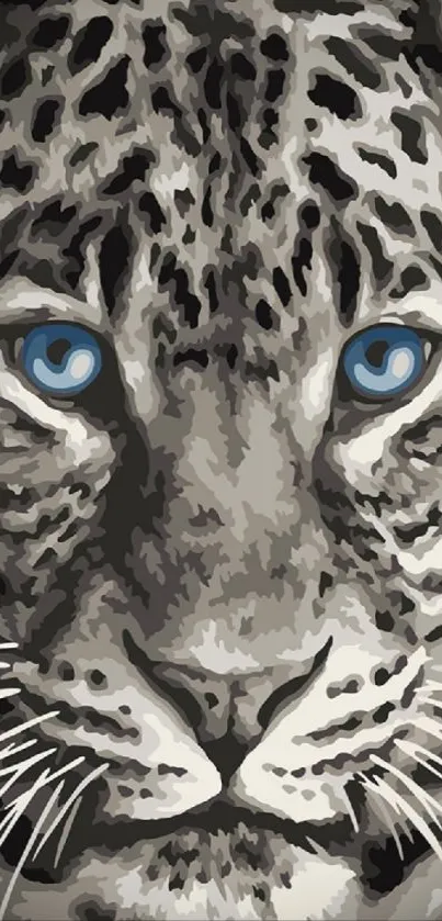 A leopard face with striking blue eyes on a stylish wallpaper.