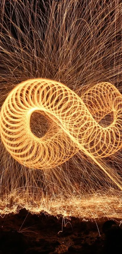 Mesmerizing golden light art wallpaper with infinity symbol and dynamic design.