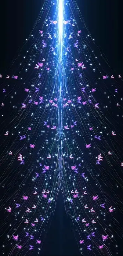 Mobile wallpaper of vibrant light streams and butterflies.