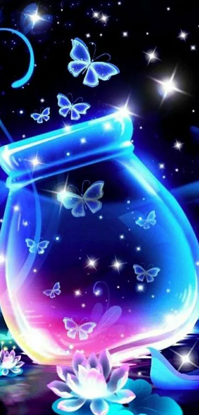 Neon butterflies in a glowing jar, set against a cosmic background.