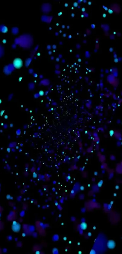 Neon galaxy wallpaper with blue and purple glowing particles on dark background.