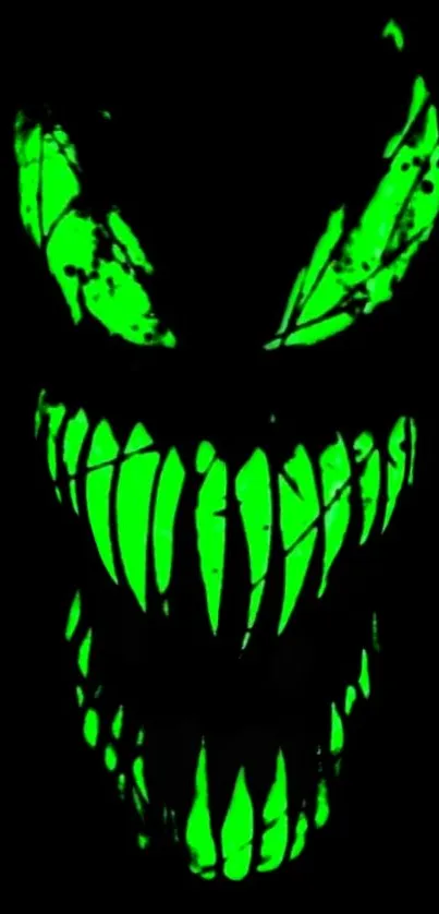 A neon green face design on a black background.