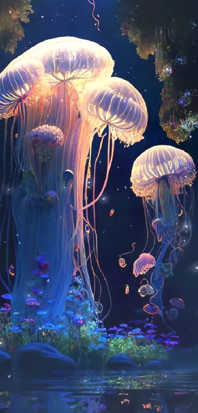 Neon jellyfish floating gracefully in vibrant, dark underwater fantasy scene.