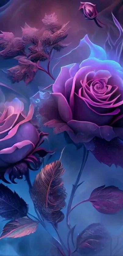 Neon purple roses with a mystical blue background.