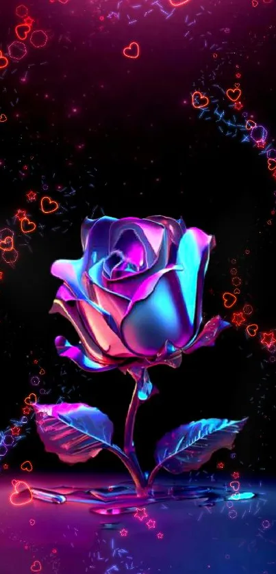 Neon rose with purple and pink hues on a starry backdrop.