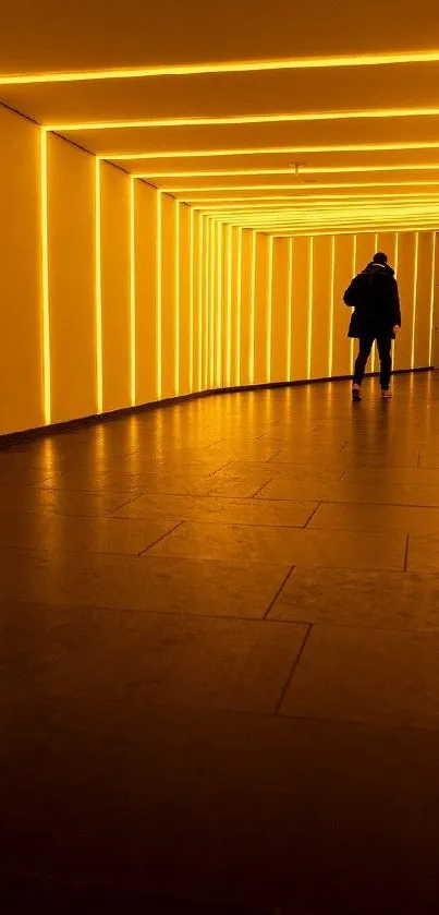 Silhouette of a person walking through a neon-lit orange tunnel.