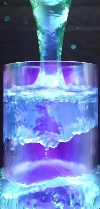 Neon blue water flowing vibrantly in a glass, creating a captivating effect.