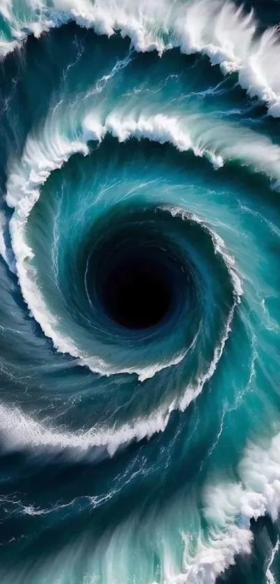 Mesmerizing ocean vortex with swirling teal and white waves creating a dynamic spiral.