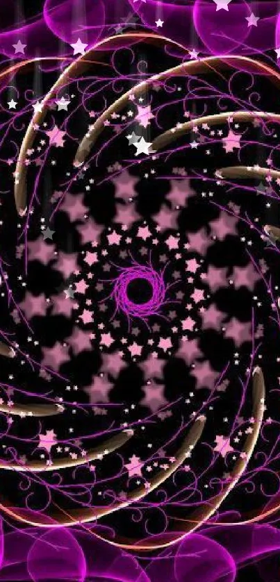 Dynamic pink spiral and star pattern wallpaper.