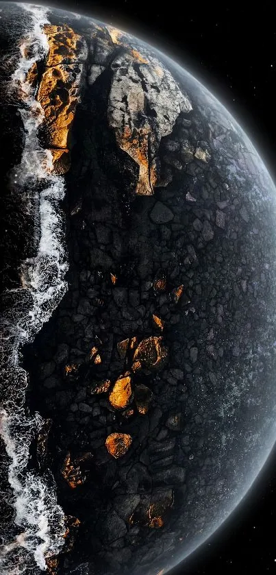 Intricate planet surface with orange hues against a starry black background.