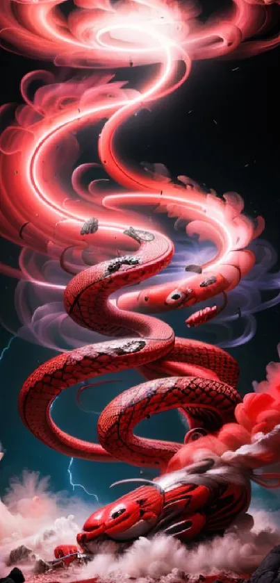 Fantasy art of a swirling red serpent in clouds.