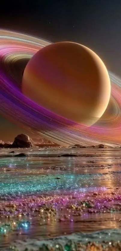 Vibrant Saturn art with colorful rings over a cosmic landscape.