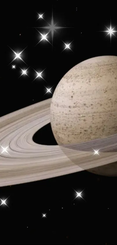 Saturn with stunning rings and stars in a cosmic mobile wallpaper.