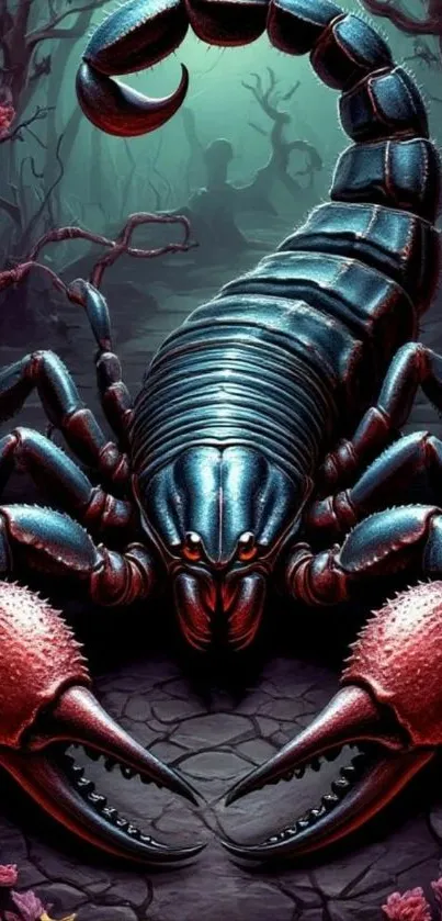 Intricate scorpion design on dark-themed wallpaper.
